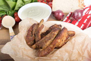 Juicy and fresh traditional Romanian pork ribs chops or 