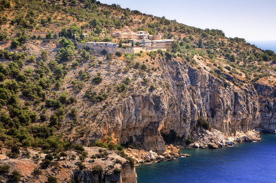 View of Archangel Michael Monastery and the Aegean sea, Thassos island, Greece