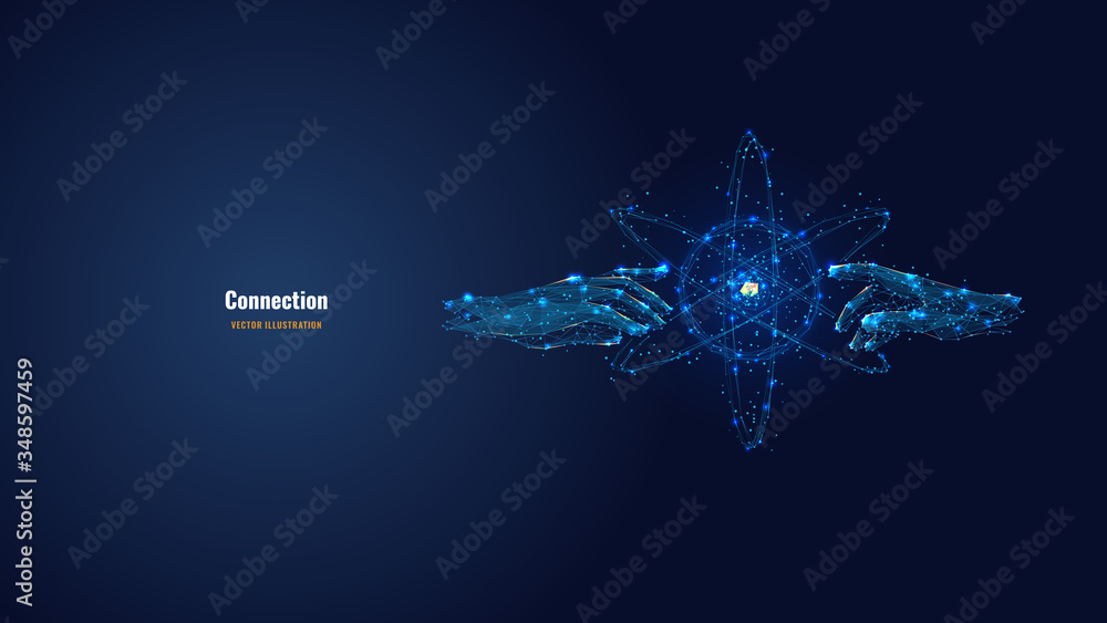 Aufkleber Futuristic image of hands touching abstract technology circles with global connection lines. Vector connection and data exchange technology concept in dark blue. Digital polygonal mesh illustration 