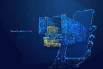 Polygonal 3d truck, parcels and smartphone in dark blue background. Online cargo delivery service, logistics or tracking app concept. Abstract vector illustration of online freight delivery service 