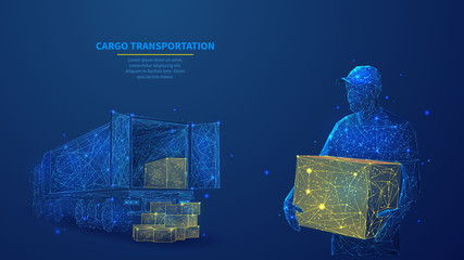 Delivery man with box standing in front of cargo truck in dark blue. Polygonal shipping cargo delivery, logistics, transportation or business commercial concept. Abstract wireframe vector illustration © AntonKhrupinArt