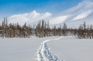 winter ski trip in the mountains of the circumpolar Urals. Ural winter mountains