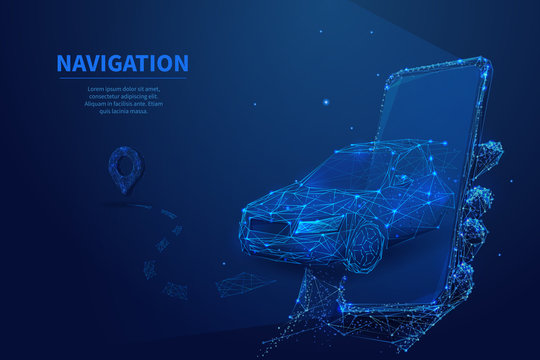Polygonal 3d car leaving from the smartphone. GPS navigation, location app or travelling concept. Car, phone and navigator pin in dark blue background. Smart technology digital vector illustration