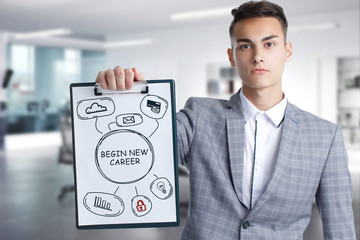 Business, Technology, Internet and network concept. Young businessman working on a virtual screen of the future and sees the inscription: begin new career