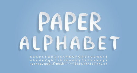 Fototapeta premium White paper alphabet. Flying 3D font, realistic paper cut out style. Uppercase and lowercase letters, numbers, punctuation marks and symbols. Vector illustration