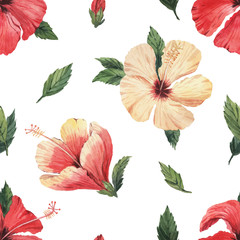 Pattern with beautiful watercolor tropical flowers and leaves. Tropics. Realistic tropical leaves. Tropical flowers.