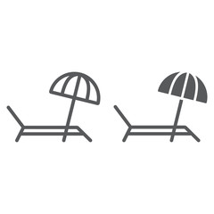 Umbrella and sun lounger line and glyph icon, summer and parasol, beach bed sign vector graphics, a linear icon on a white background, eps 10.