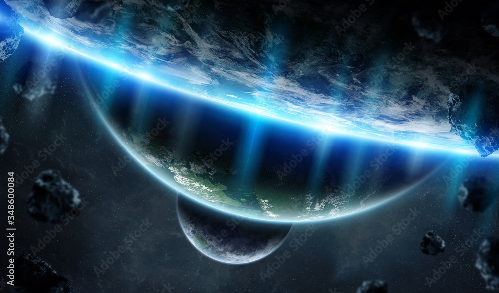 Poster Distant planet system in space with exoplanets 3D rendering elements of this image furnished by NASA