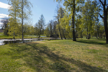 Obraz premium View from a park on the Drottningholm island a sunny spring day, Canals with water and new birch leave. in the Stockholm district Lovö