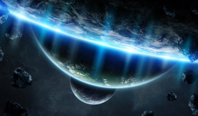 Distant planet system in space with exoplanets 3D rendering elements of this image furnished by NASA