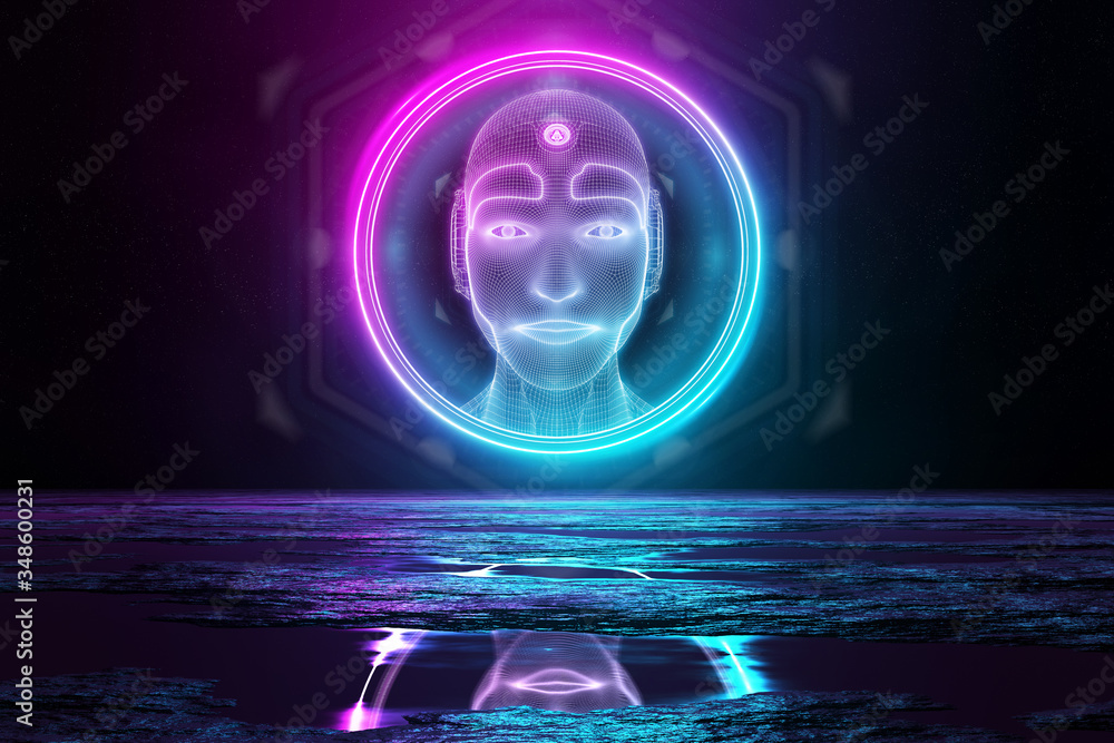 Poster robot head in circle illuminating the floor with blue and pink neon light 3d rendering