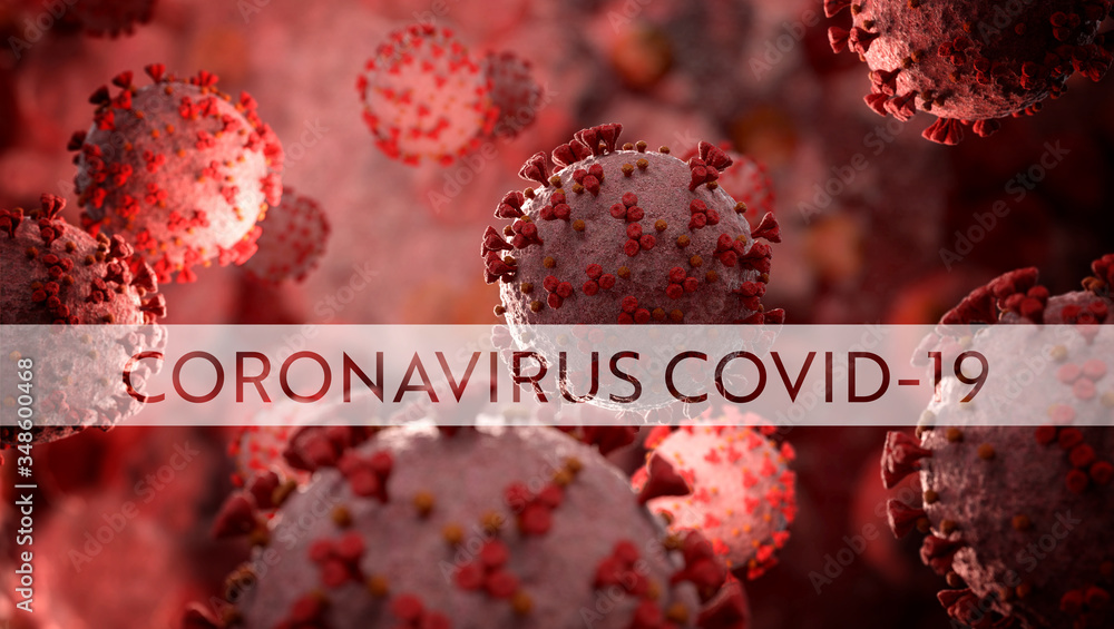 Poster microscope close-up of the coronavirus covid-19 disease. 2019-ncov spreading in body. 3d rendering o