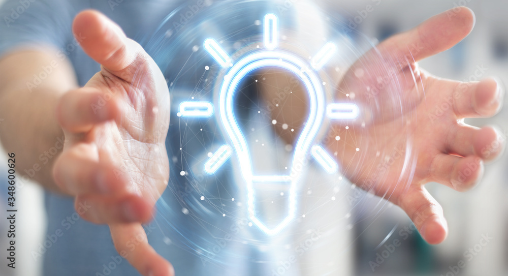 Fototapete Man using lightbulb neon digital interface 3D rendering