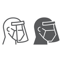 Face shield mask line and glyph icon, covid-19 and protection, man in face shield sign vector graphics, a linear icon on a white background.