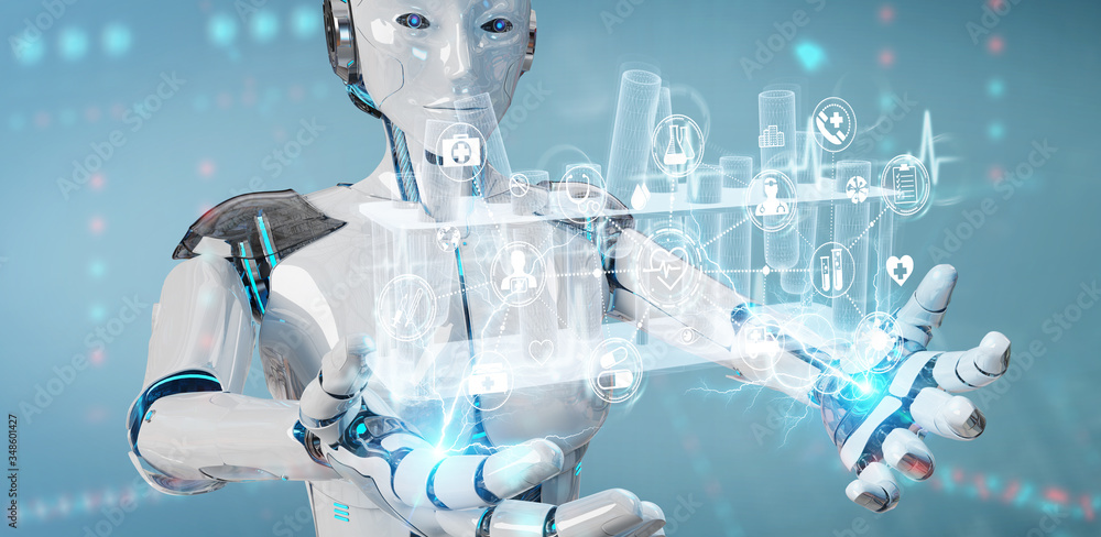 Poster Robot holding and touching holographic tubes samples projection 3D rendering