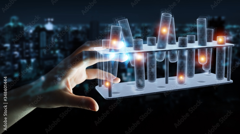 Aufkleber Man hand holding and touching holographic tubes samples projection 3D rendering
