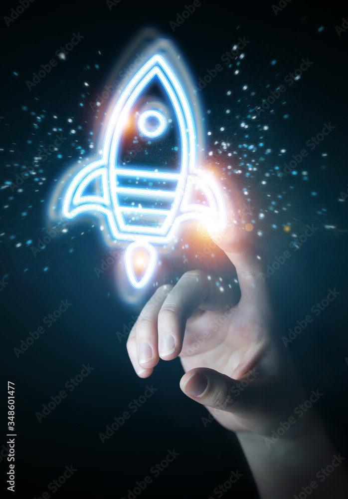 Aufkleber Man hand using startup digital neon interface 3D rendering