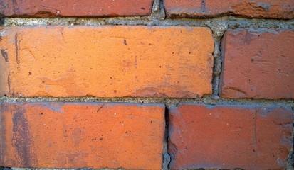 Red brick wall background. Old house. Construction industry. Building restoration. City architecture. Copy space. Grunge dirty textured surface. Close up. Brickwork with cement.
