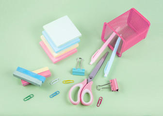 Set of stationery on green background, pastel colors
