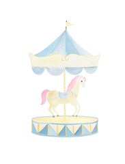 Watercolor circus horse and blue merry-go-round hand painted isolated on white background. Cute unicorn for birthday invitation, party, baby shower design.  © Tanya Trink