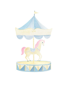 Watercolor circus horse and blue merry-go-round hand painted isolated on white background. Cute unicorn for birthday invitation, party, baby shower design. 