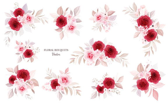 Floral bouquets vector bundle. Botanic decoration illustration of red and peach roses with leaves, branch. Botanic elements for wedding, greeting card, or logo design vector