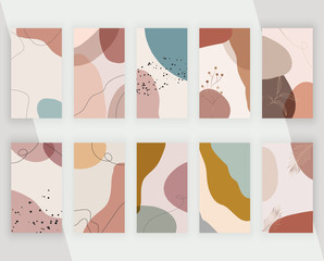 Set Social media backgrounds with artistic freehand abstract hand painting shapes, lines and leaves. Modern neutral design for flyer, poster, card
