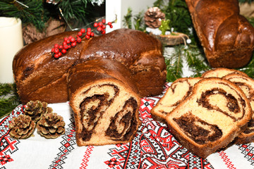Closeup of slices of homemade traditional Romanian sweet bread named 