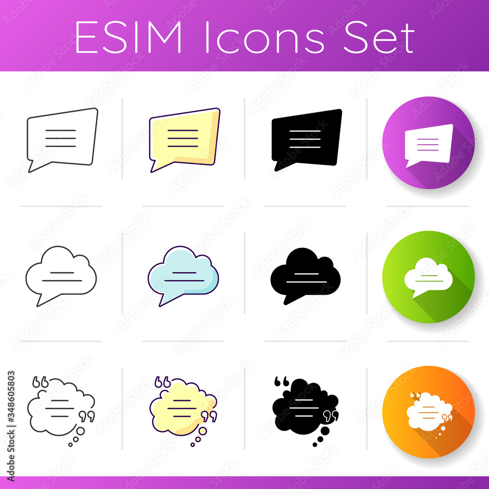 Poster chat bubble with quotation marks icons set. textbox with copyspace. empty dream clouds. blank commen