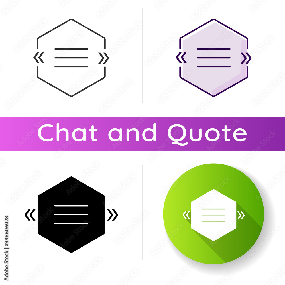 Poster textbox with angle quotes icon. empty hexagonal box for direct speech. blank dialogue bubble with qu