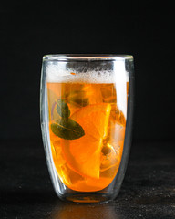 orange lemonade citrus, ice drink beverage soda Menu concept. food background. top view copy space for text