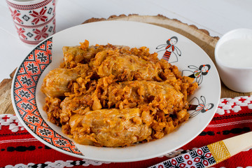 Sarma is a dish of vine, cabbage rolls stuffed with minced meat. Traditional romanian, greek