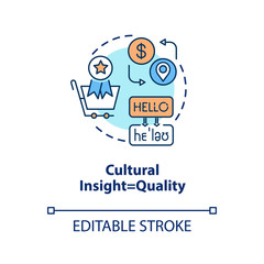 Cultural insight concept icon. Adaptation for local market. Translation and localization. Quality production idea thin line illustration. Vector isolated outline RGB color drawing. Editable stroke