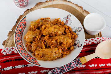 Sarma is a dish of vine, cabbage rolls stuffed with minced meat. Traditional romanian, greek