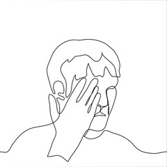 The face of a man with short hair (man) who cries and wipes tears with his palm. One continuous line of a crying man. Can be used for animation.