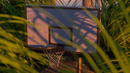 3d render. Basketball hoop in palm trees with sunlight and hard shadows.