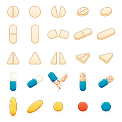 Different pills big set isolated illustration on white background. Round, oval, triangle, capsule, fish oil tablets. White background, vector.