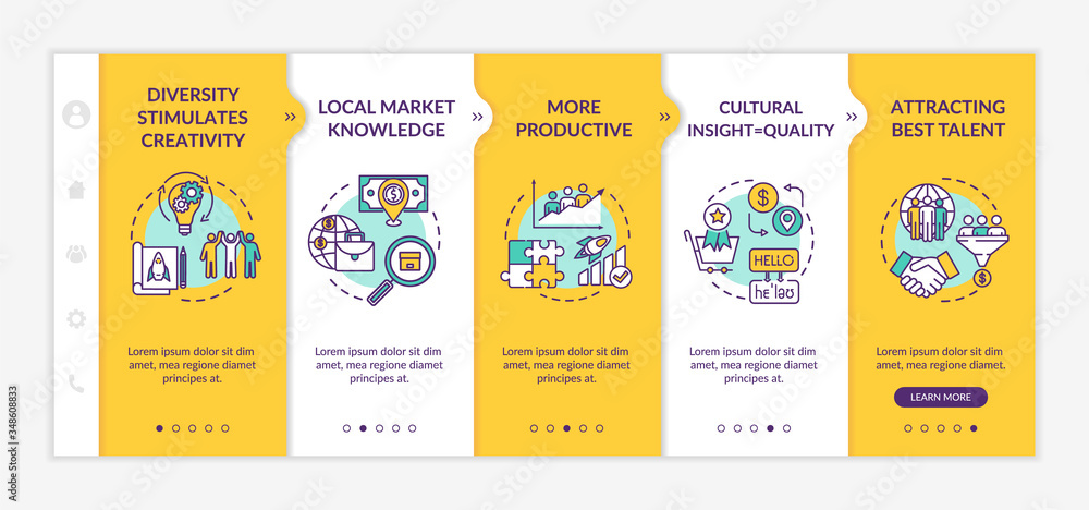 Poster multi racial team onboarding vector template. different nationality of colleagues. teamwork effectiv