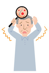 頭皮に赤い吹き出物が出来て悩むおじいちゃんのベクターイラスト