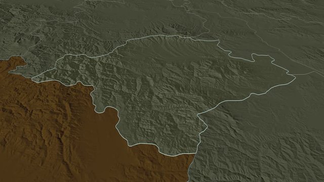 Toplički, district with its capital, zoomed and extruded on the administrative map of Serbia in the conformal Stereographic projection. Animation 3D