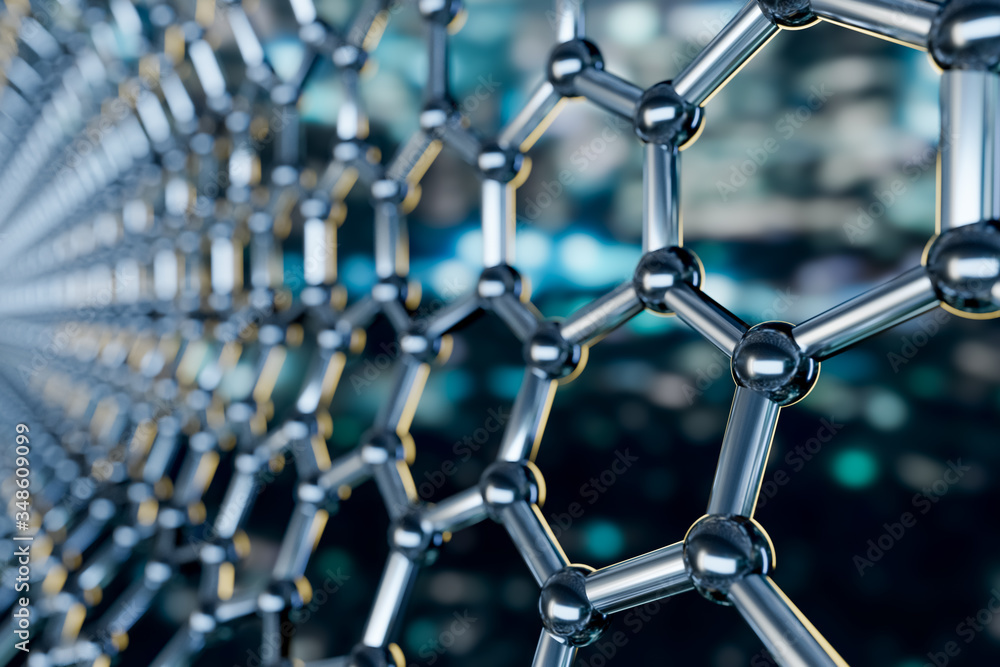 Poster graphene molecular nano technology structure on a blue background - 3d rendering