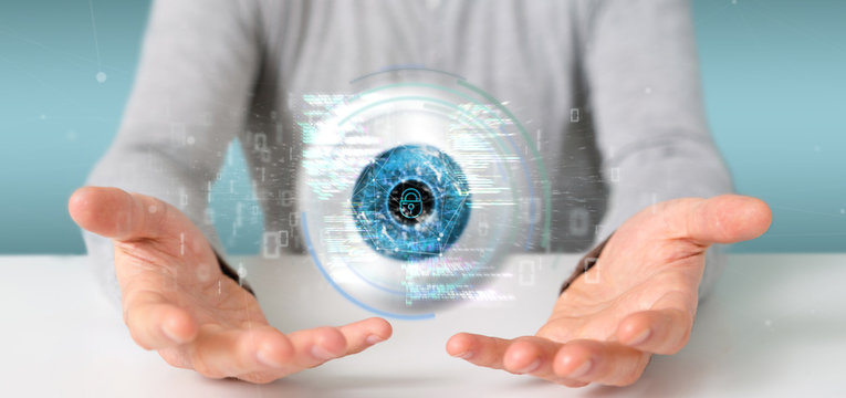 Businessman holding a visual recognition eye concept with data - 3d rendering