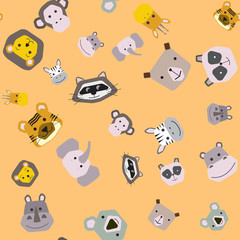 Seamless background. Vector collection of cute animal faces, icon set for baby design