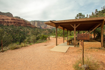 Coconino National Forest. Hiking trail head and picnic pavilion at the Oak Creek Recreation Area in the Coconino National Forest in Sedona, Arizona.
