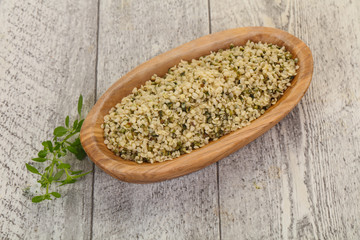 Peeled hemp seeds in the bowl