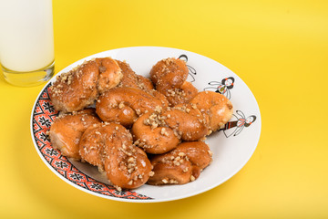 Concept of romanian cuisine. Homemade Mucenici, traditional desserts made in the figure 8