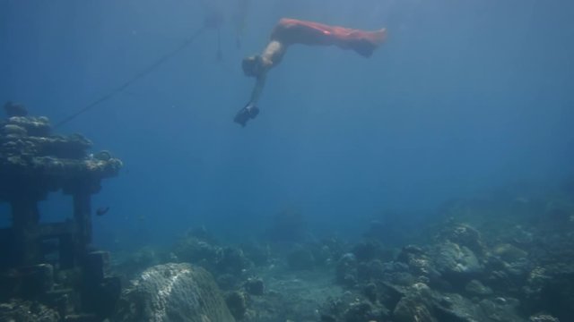 Fashion girl in dress diving underwater among corrals
