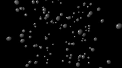 Grey particles or spheres on black background. 3D illustration