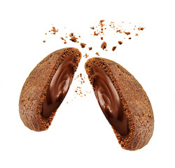 Chocolate biscuit with filling on white background