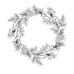 Wreath with hand drawn botanical elements. Outline wreath.